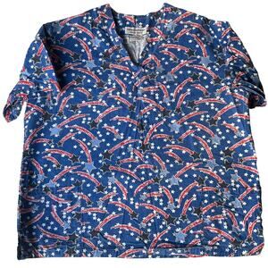 Natural Uniforms Women’s Short Sleeve V-neck Nurse Shirt size L, Blue Red Stars